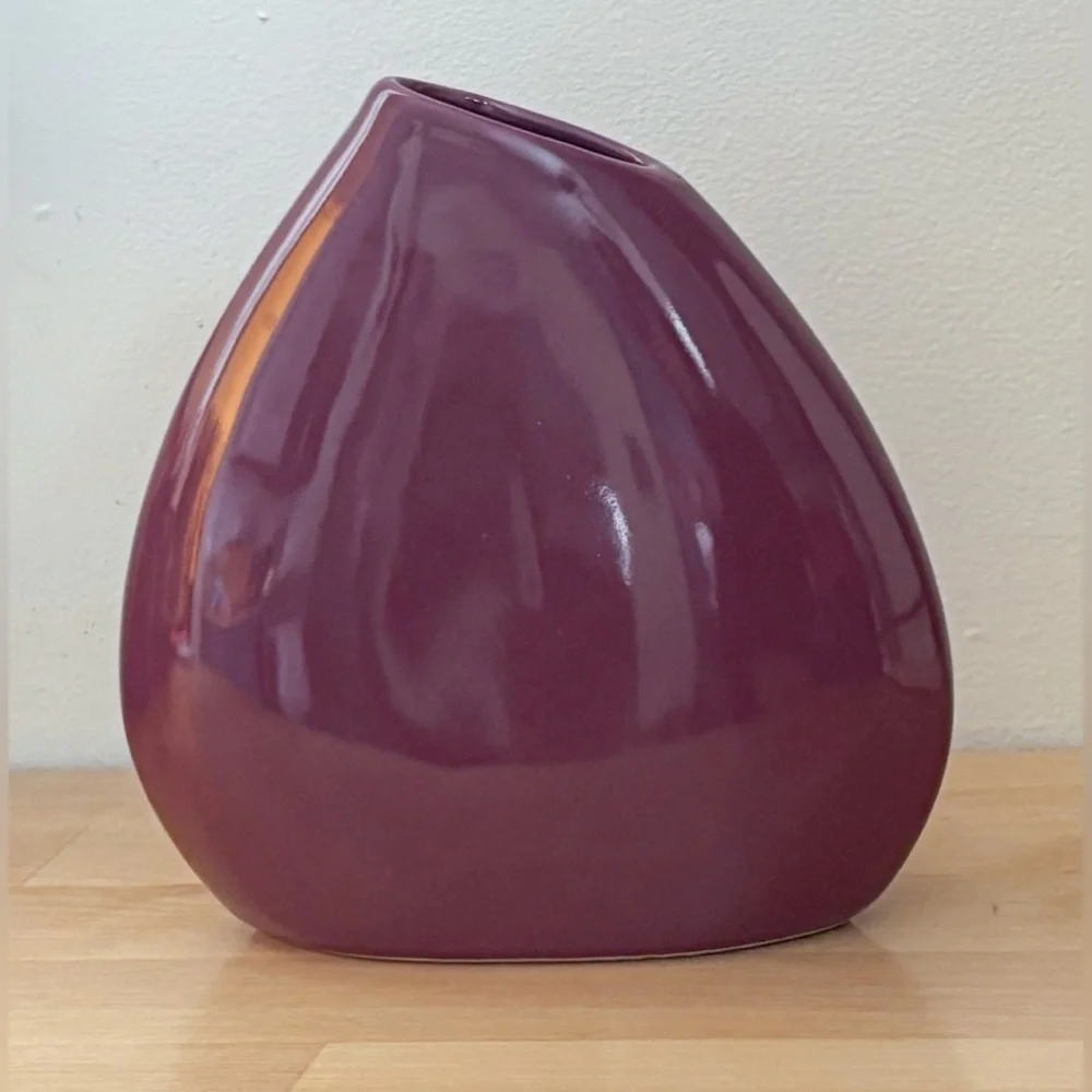 Vintage Asymmetrical Rim Maroon Vase Pottery Art Deco Romance Farmhouse MCM